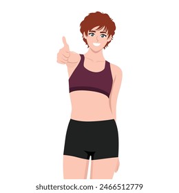 Smiling young sportswoman shows thumbs up. Flat vector illustration isolated on white background
