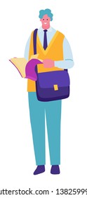 Smiling young student is standing with books on white background. Concept flat illustration with colored characters.