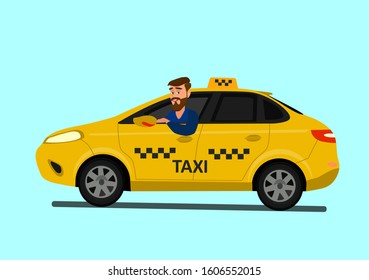 Smiling young taxi driver in his car.Taxi. Vector illustration in flat style.