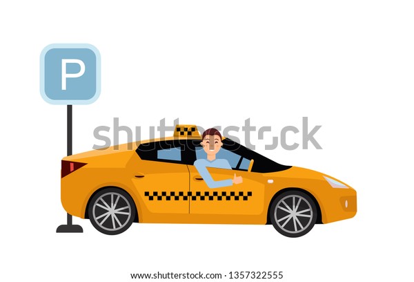 Smiling young taxi driver inside his car.Taxi\
service on parking lot. Friendly taxi driver at the wheel of car.\
Side view of Right-hand drive car.Vector flat cartoon illustration\
on white background