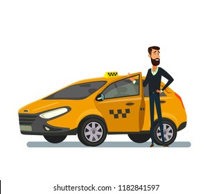 Smiling young taxi driver near his car.Taxi service. Vector illustration in flat style.