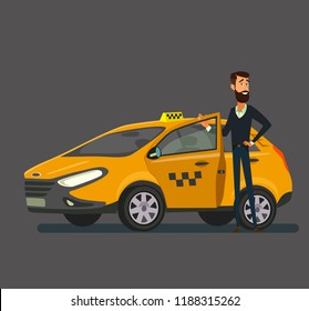 Smiling young taxi driver near his car.Taxi service. Vector illustration in flat style.