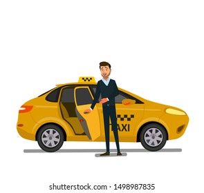 Smiling young taxi driver near his car.Taxi service. Vector illustration in flat style.