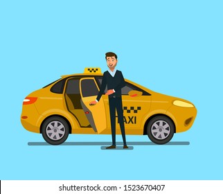 Smiling young taxi driver near his car.Taxi service. Vector illustration in flat style.