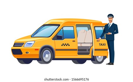 Smiling young taxi driver near his modern car.Taxi service. Welcome hand gesture. Professional in driving Car in uniform. Business vector flat design, cartoon style Isolated illustration.