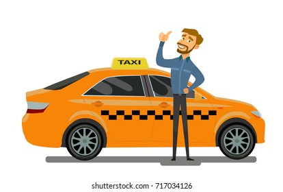 Smiling young taxi driver near his car.Taxi service. Vector illustration in flat style.