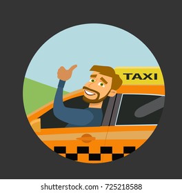 Smiling young taxi driver near his car.Taxi service. Vector illustration in flat style.