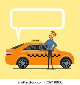 Smiling young taxi driver near his car.Taxi service. Vector illustration in flat style.