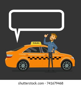 Smiling young taxi driver near his car.Taxi service. Vector illustration in flat style.