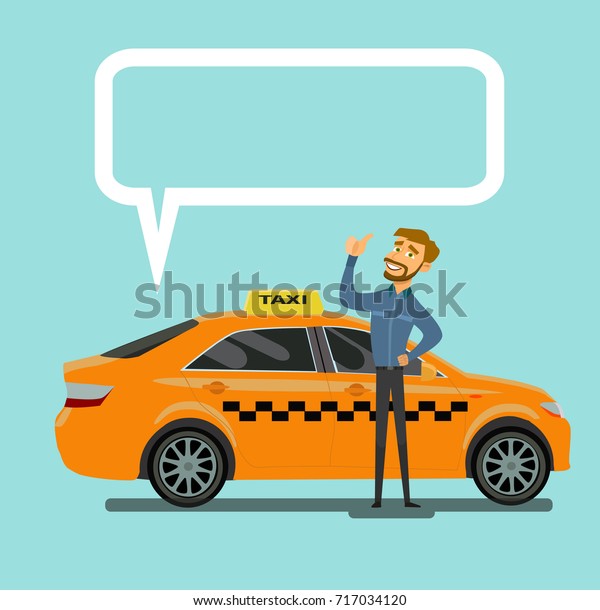 Smiling young taxi driver near his car.Taxi\
service. Vector illustration in flat\
style.