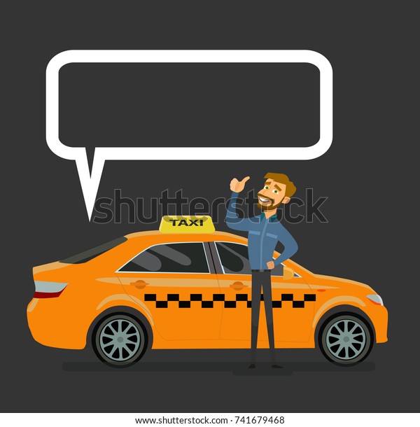 Smiling young taxi driver near his car.Taxi\
service. Vector illustration in flat\
style.