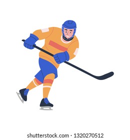 Smiling young teenager boy in cage helmet with stick playing ice hockey game