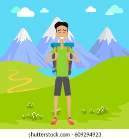 Smiling young tourist with backpack on background of mountain landscape. Smiling young man in shorts, with backpack full of supplies, ready for trip. Mountain tourism concept in cartoon design style
