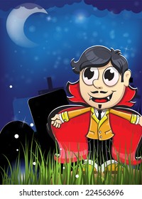 Smiling young vampire in the night cemetery. Halloween night scene