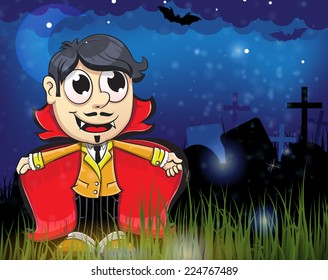 Smiling young vampire in the night cemetery. Halloween night scene