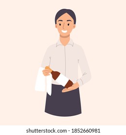 Smiling young waitress shows wine. Restaurant staff characters design.Vector hand drawn illustration.