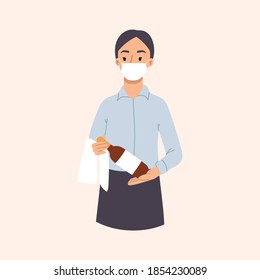 Smiling young waitress shows wine with face mask to protect against the virus. Restaurant staff characters design.Vector hand drawn illustration.