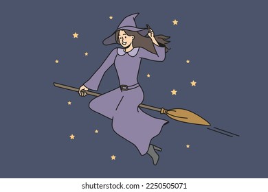 Smiling young witch in costume flying on broom in dark night sky. Happy female magician or wizard fly in starry sky. Vector illustration. 