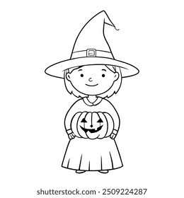 Bruja joven sonriente que sostiene un Jack-o'-lantern, estilo de dibujos animados en blanco y negro, iconos web de Halloween, impresiones textiles, ilustraciones de libros para niños. Diseño limpio y simple perfecto para temas de Halloween