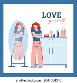 Smiling young woman admiring on reflection in mirror. Concept of self acceptance and positive personal appearance. Square poster, flat vector illustration.