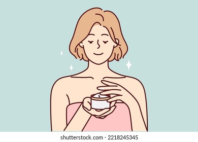 Smiling young woman applying cream in bath. Happy girl in towel do beauty procedures at home in bathroom. Skincare and beauty. Vector illustration. 