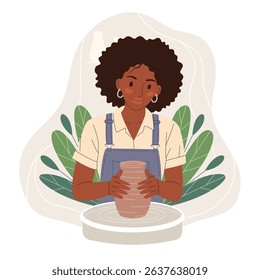Smiling young woman, artist shaping vase from clay on a pottery wheel. Creative hobby and handmade craft concept. Modern flat hand drawn vector illustration of a pottery workshop. Ceramic art.