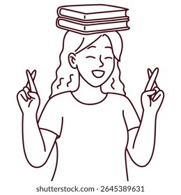 Smiling young woman balances stack of books on head and crosses fingers in hopeful gesture. Symbol of student stress, academic pressure, positive thinking, and exam luck