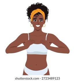 Mujer joven sonriente en ropa interior Básica. Ilustración de personaje de Vector plano