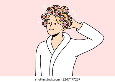 Smiling young woman in bathrobe and curlers on head getting ready. Happy female do beauty procedures at home. Vector illustration. 