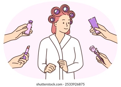 Smiling young woman in bathrobe get ready in morning. Happy girl doing makeup with cosmetic products. Beauty and wellness. Vector illustration.