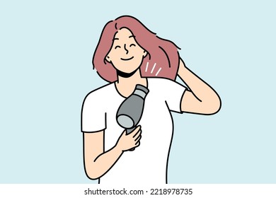 Smiling young woman blow hair with dryer. Happy girl get ready blowing hair with fan device. Beauty and technology. Vector illustration. 