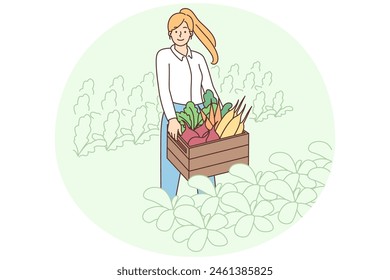 Mujer joven sonriente con la caja de verduras de la granja. Granjera feliz recoge cosechas en el jardín. Horticultura y agricultura. Ilustración vectorial.