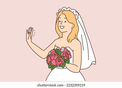 Smiling young woman in bridal dress and bouquet waving hand saying hello. Happy bride enjoy wedding ceremony. Marriage and engagement. Vector illustration. 