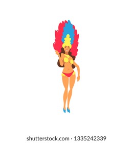 Smiling Young Woman in Bright Festival Costume Dancing Samba, Brazilian Carnival Dancer, Rio de Janeiro Festival Vector Illustration