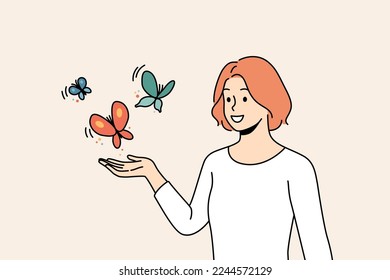 Smiling young woman with butterflies flying near hand. Happy female enjoy wild nature and outdoors. Vector illustration. 