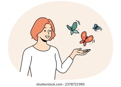 Smiling young woman with butterflies flying near hand. Happy female enjoy wild nature and outdoors. Vector illustration.