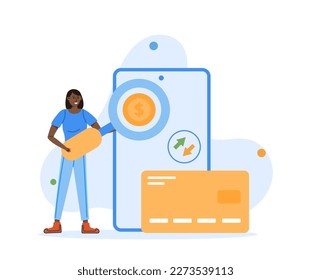 Smiling Young Woman Buying Online Shop with Mobile Bank Credit Card Apps. E-wallet and Internet Payment Flat Vector Cartoon Design. Hand Tapping Pay Button in Smartphone. Financial Technology Concept