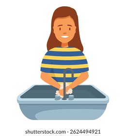 Smiling young woman carefully washing her hands with soap and water in the sink