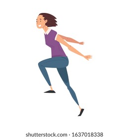 Smiling Young Woman in Casual Clothes Running to Finish Line Vector Illustration