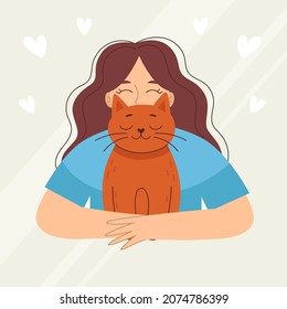 Smiling young woman with a cat, pet. Love and friendship with animals. Vet clinic. Vector illustration in cartoon style