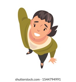 Smiling Young Woman Character Looking Up, View from Above Vector Illustration