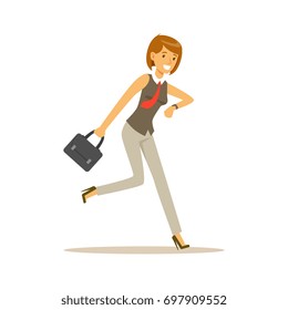 Smiling Young Woman Character Running To Work, Businesswoman Is Late Vector Illustration