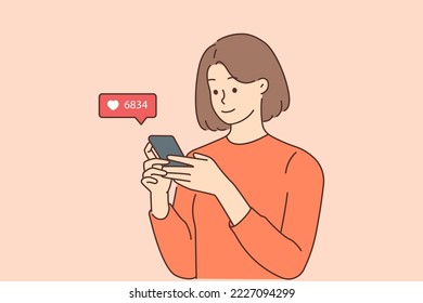 Smiling young woman check likes on cellphone on social media. Happy girl blogger use smartphone browsing internet on gadget. Blogging and influencer. Vector illustration. 