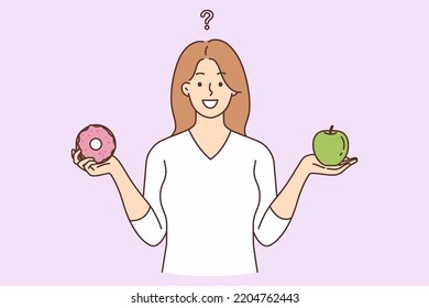 Smiling young woman choose between dessert and fruit. Happy female make choice between healthy and unhealthy food. Diet and nutrition. Vector illustration. 