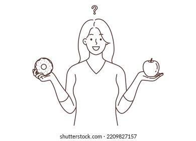 Smiling young woman choose between dessert and fruit. Happy female make choice between healthy and unhealthy food. Diet and nutrition. Vector illustration. 