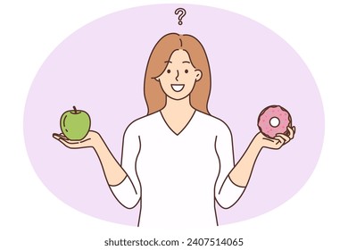 Smiling young woman choose between dessert and fruit. Happy female make choice between healthy and unhealthy food. Diet and nutrition. Vector illustration.