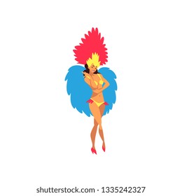 Smiling Young Woman in Colorful Festival Costume Dancing, Female Brazilian Samba Dancer, Rio de Janeiro Carnival Vector Illustration