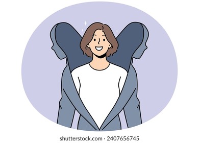 Smiling young woman coming from cover or shell get recovered from depression or mental disease. Happy reborn female after psychological trauma. Vector illustration.