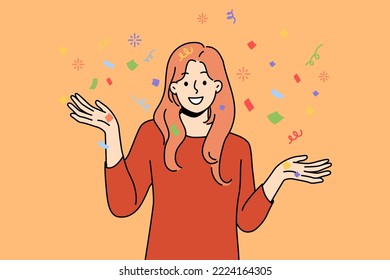 Smiling young woman with confetti have fun celebrating. Happy girl enjoy party or celebration. Vector illustration. 