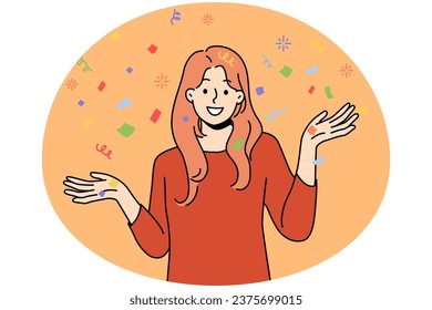 Smiling young woman with confetti have fun celebrating. Happy girl enjoy party or celebration. Vector illustration.